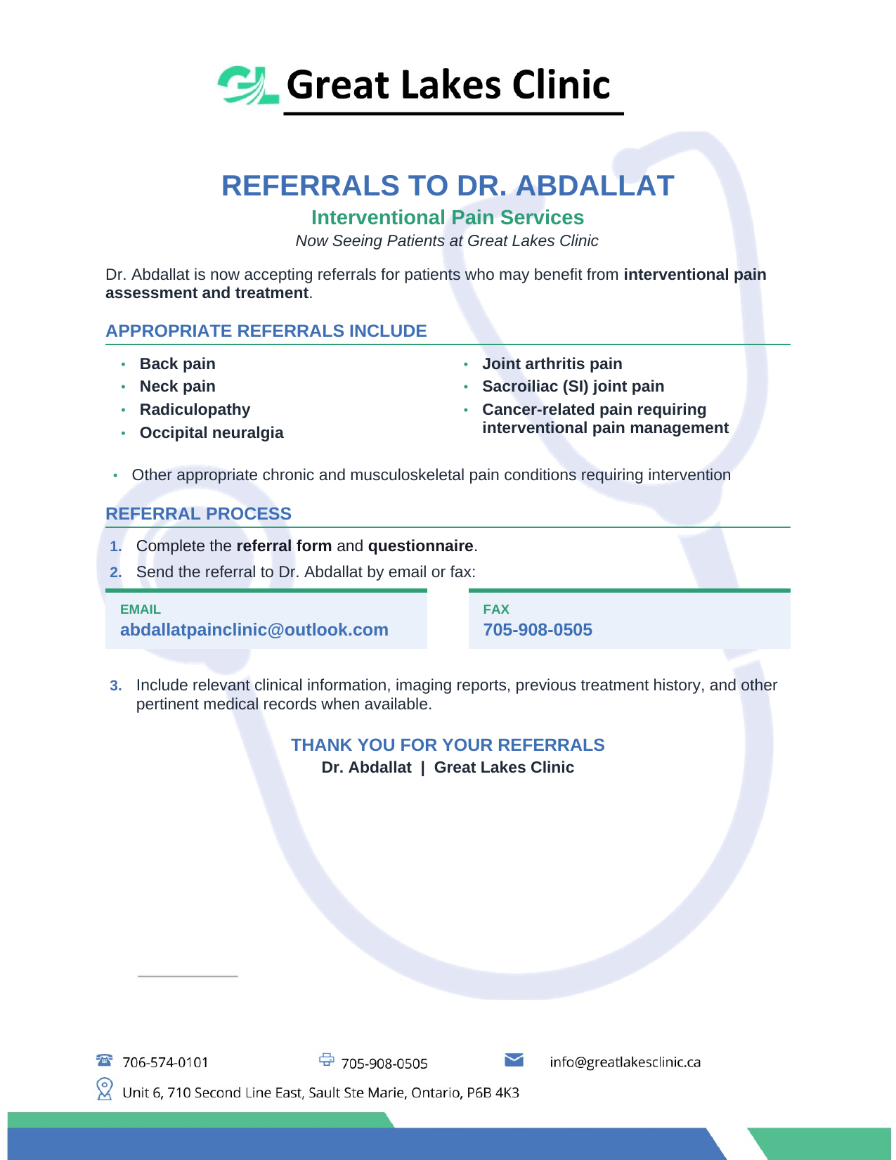 Referrals to Dr. Abdallat — Interventional Pain Services Flyer at Great Lakes Clinic